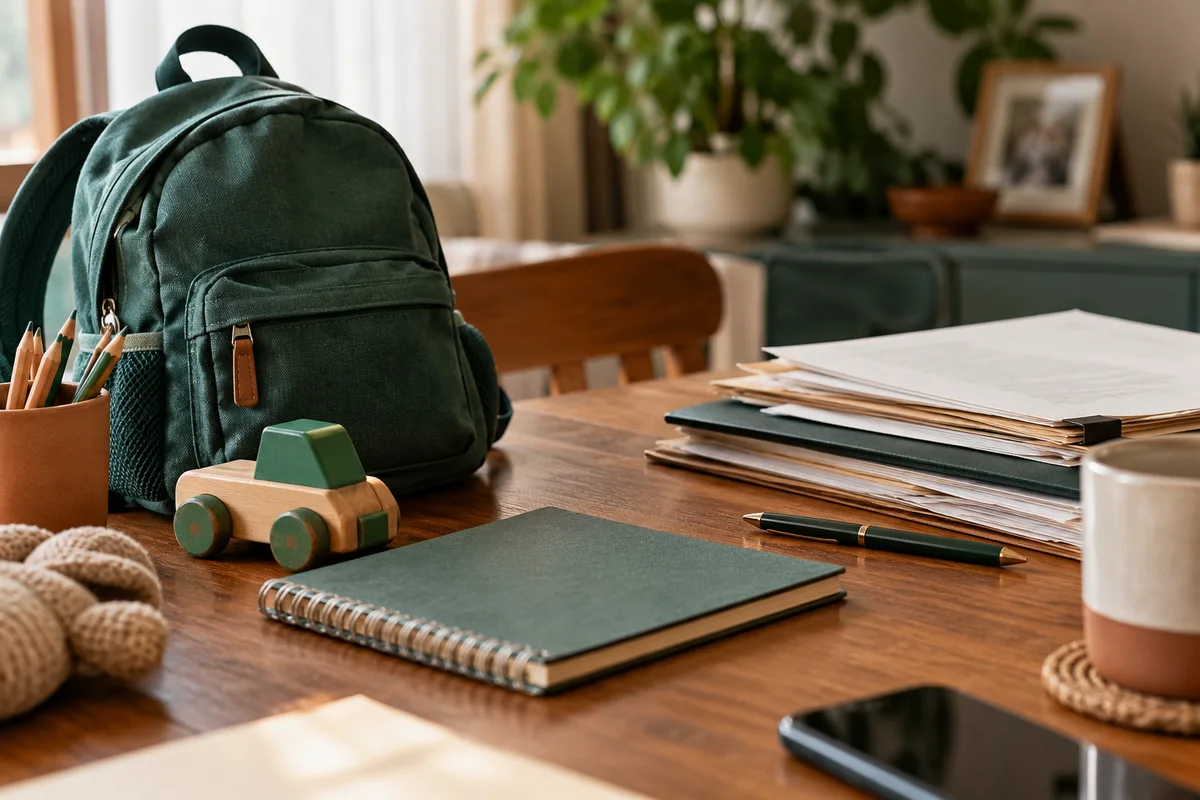 Cena ilustrativa de mochila escolar, brinquedos e documentos