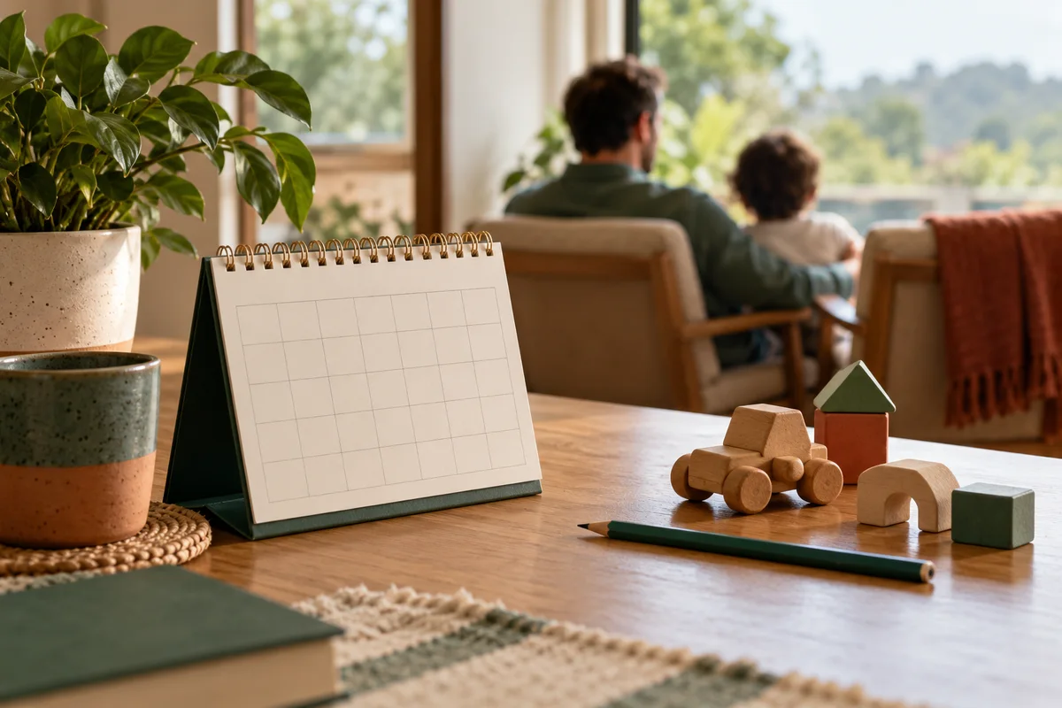 Cena ilustrativa de calendário e brinquedos com adulto e criança ao fundo