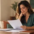 Mulher adulta analisando documentos em casa